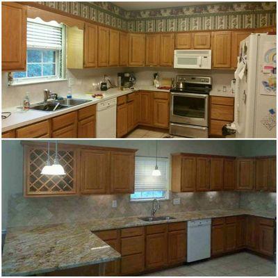 Before and after refresh to a kitchen new countertops and backsplash