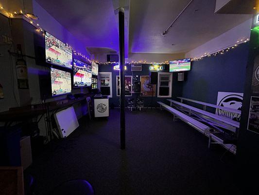 Bleacher seats and tv wall