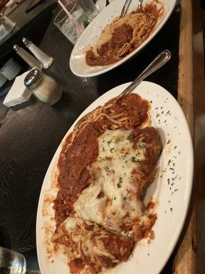 Veal Parm & Angel hair pasta with meat sauce & meatballs