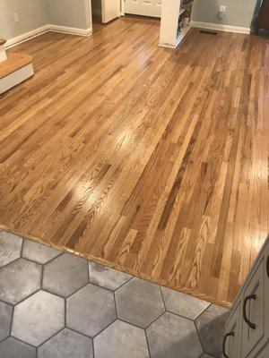 Patched in 5/16" red oak flooring in the foyer area. Then sanded everything & stained natural to blend the two areas.