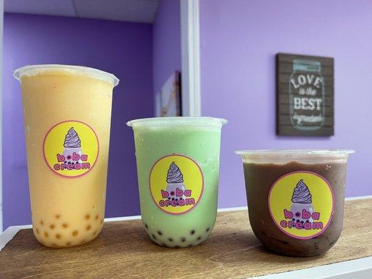 Blended mango, honeydew, and chocolate milk teas!