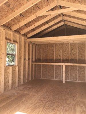 12x16x8 Gable with a loft and workbench.