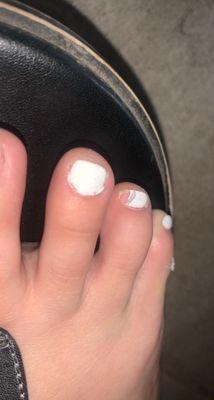 Worst pedi ever!! Paid 45 and the shellac started pealing the next day!! Not to mention he didnt paint them right.