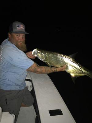 Captain Adam put some time in on the pointy end of the skiff.  He made a perfect cast and fought this tarpon on fly like a professional.