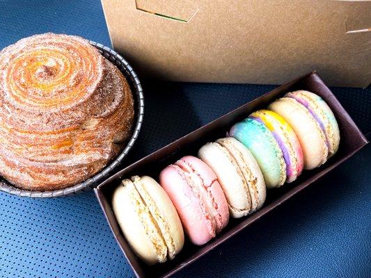 Morning bun, perfect macarons with interesting flavors.