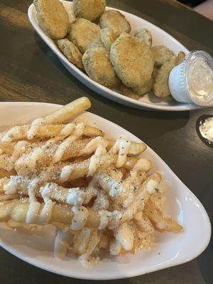 Parmesan fries with aioli and fried pickles!