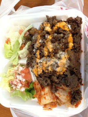 Bulgogi plate with spicy mayo sauce and side of kimchi...yum.