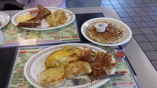 3-egg omelet, biscuits, hash and pecan waffle