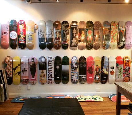 Current Board Wall featuring dozens of skater owned skateboard companies. Check back often because it changes