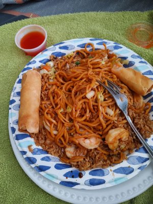 Shrimp fried rice with Shrimp Lo Mein and Spring rolls.