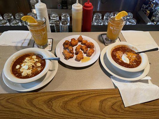 Delicious Chili and White Cheddar Cheese Curds with a nice Honey sauce!