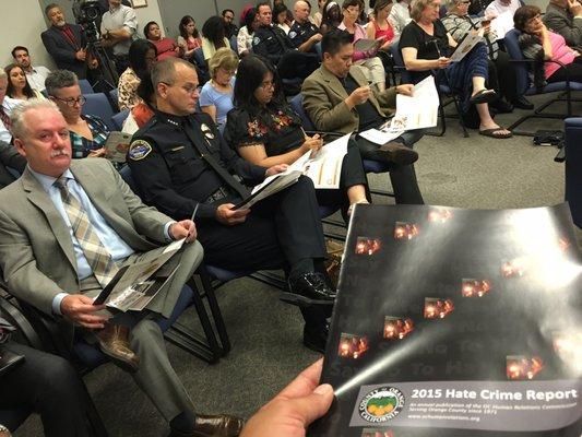 Hate crime education, tracking and response is provided to the community (Pictured: 2015 Orange County Hate Crime Report event, 2016)