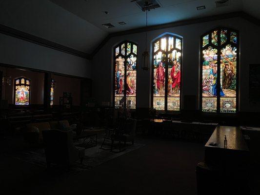 Stained glass windows by Louis Lederle, an artist who worked for Tiffany Studios