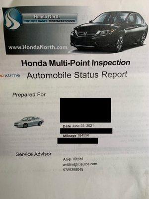 Vehicle inspection report from Honda Dealership