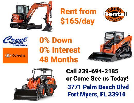 Construction equipment, excavators, skid steer loaders, articulating wheel loaders.