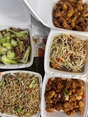 Beef bokchoy, tsing Tao chow mien, sweet and sour pork (bottom r) mu shu pork w (wrap not pictured) orange chicken (right top).