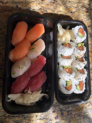 Nigir Platter and Salmon Avocado Roll (4 stars - decent grocery-store sushi. The wasabi packets are a bit tiny)