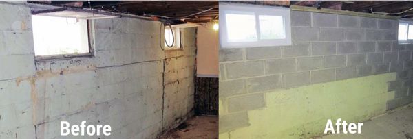 Before and after photo of basement wall done for your team fantastic job