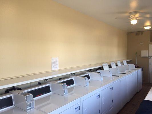 Our laundry rooms are open 24 hours. 5 washers, 5 dryers. $1.50 & $1.25 in quarters per load. One one both sides of the property.