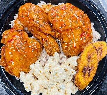 Sweet Chili Chicken, Rice N Peas, Macaroni Salad & plantains