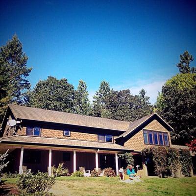 View of the front of the house on a warm summer morning.