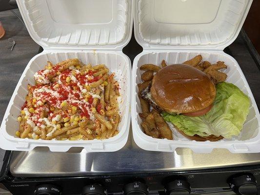 Elote fries and spicy chicken sandwich