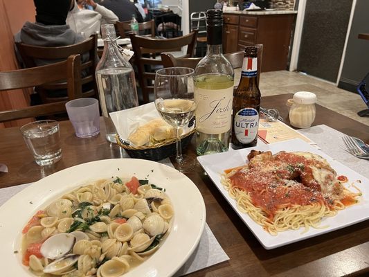 Chicken Parmesan, and orecchiette with clam sauce, tomato, spinach in a garlic wine sauce. Just exquisite! BYOB brings it home!