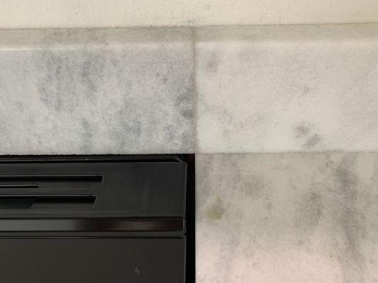 Horrible horrible seamwork and piece is totally mismatched to the rest of the backsplash. It looks like an afterthought