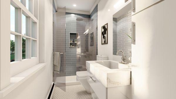 A bathroom remodel requires a keen eye for the use of space as this narrow space gets the most out of every inch.