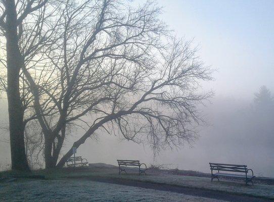 Morning dewever fog on water at old historical society power mill.