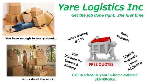 Yare offers MOVING, HAULING, & DELIVERY by experienced professionals. Schedule your move or in-home estimate TODAY! 813-900-5832