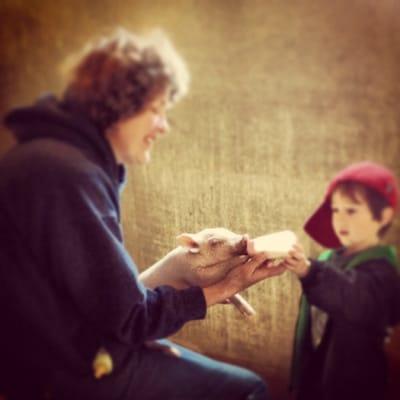 Tina Hinchley, teaching us about piglets while feeding Clementine.