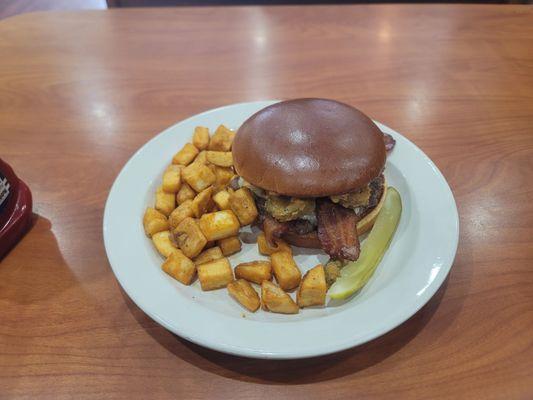 J Bacon Avocado Burger with home fries