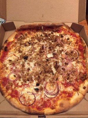 Large sausage and onion pizza