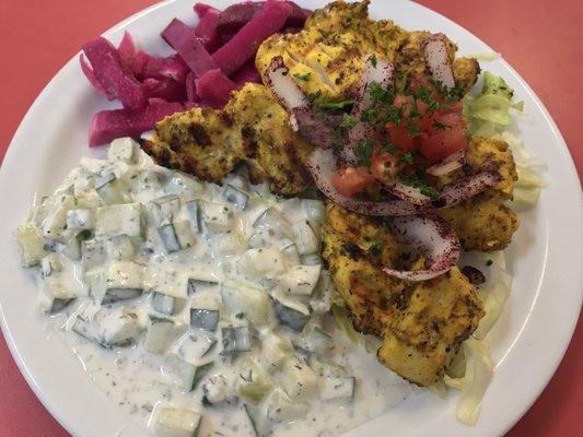 Chicken kebab with cucumber/yogurt salad and pickled beets