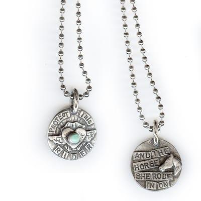 N175Pew- Protect This Rider (Lead-free pewter, resin, stainless ball chain-$35)