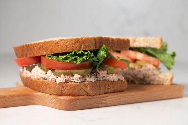 Tuna salad sandwich-- mixed with mayo, celery, carrots, and dill.