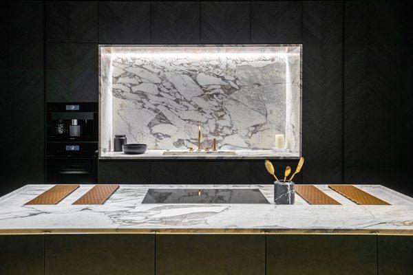 modern marble kitchen design on display in our Fairfax showroom