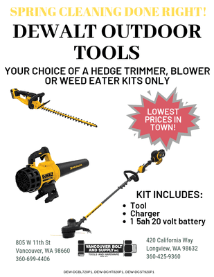 We have deals on DeWalt outdoor bundles! While supplies last!