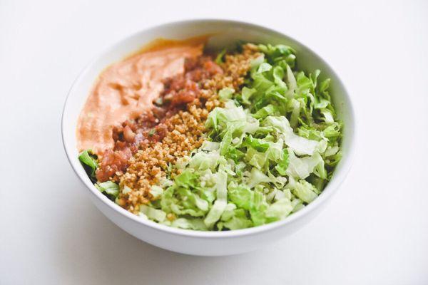 Burrito Bowl with walnut meat and dairy free notcho Cheez