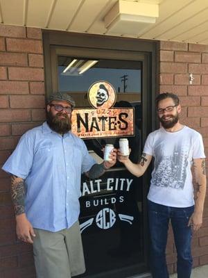 Fuzzy Nate (left) Toothpick (right) in front of shop/salt city builds.