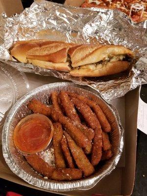 Cheesesteak and fried zucchini