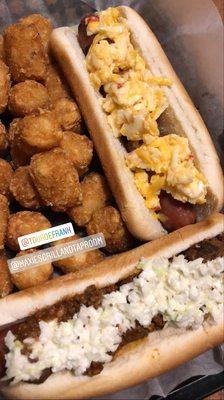 Two Nathan's Hot Dogs one with pimento cheese and one Carolina style. And Tater Tots of course.