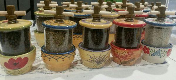 Handpainted refillable grinders from Provence: herbs, peppercorn or sea salt