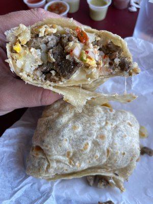 Steak and egg breakfast burrito, it's good and huge!