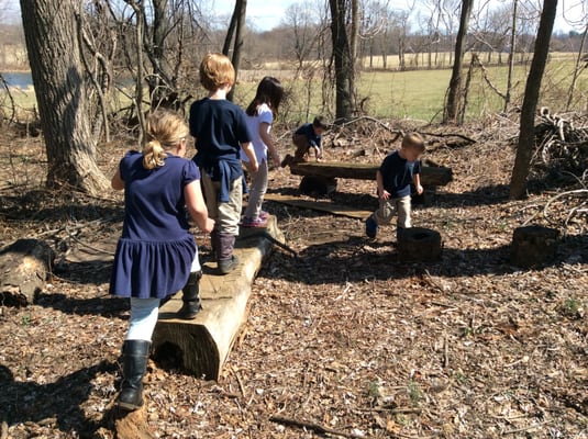 Kindergarten students exploring the outdoor classroom at VMS Bluemont.