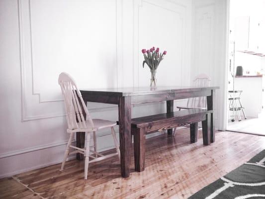 6' Farmhouse Table. All stained Dark Walnut. Solid Wood table with Tapered Legs.