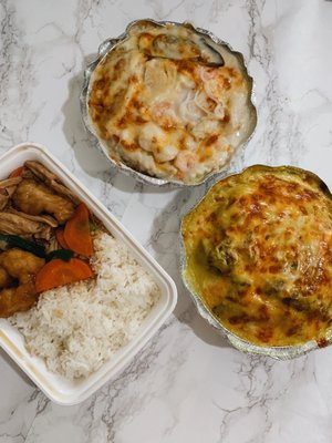 Baked Seafood in Cream Sauce Rice ($8.75), Portuguese Pork Chop Rice ($8.50), Fish Fillet with Bean Curd on Rice ($7.95)