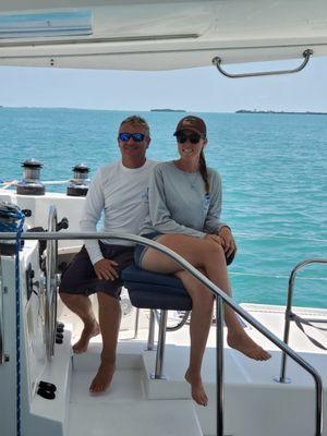 The skipper, Brad, and his fist mate Leilani at the helm of the Aria! Don't panic, the auto pilot was on!