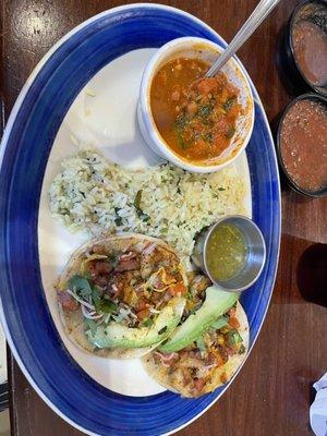 Shrimp tacos, lime rice and charro beans